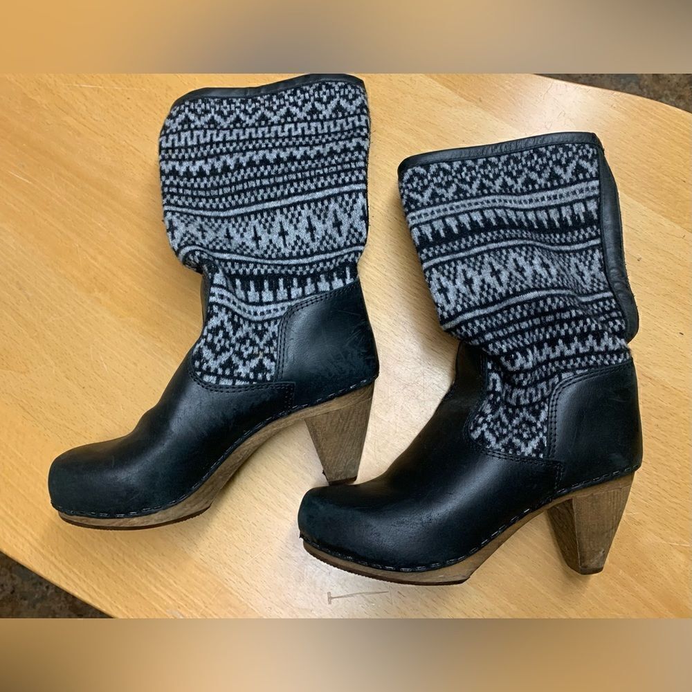 Sanita DANSKO black Leather & knit Wooden BOHO Clog Platform Heels Boots sz  5.5